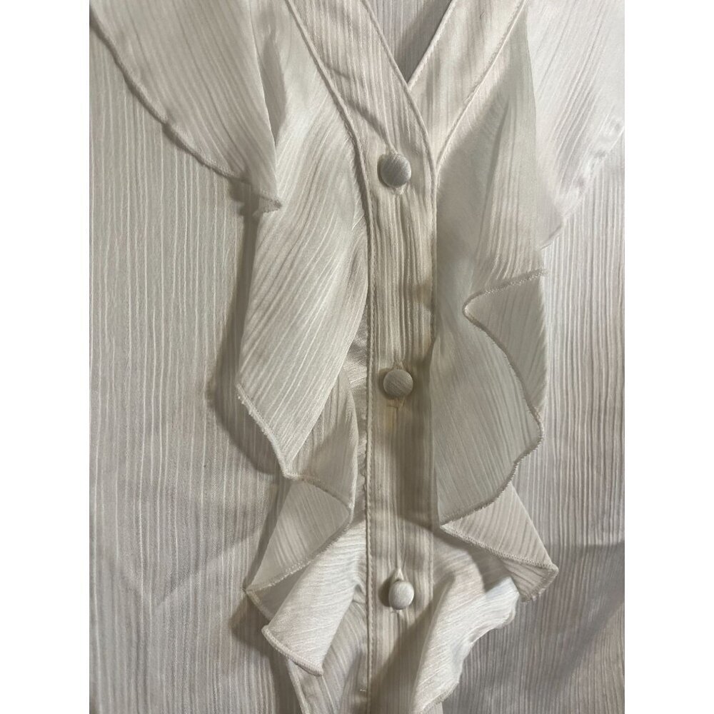 Tahari Ruffle Top XL White Ribbed Neutral Workwear Feminine Classic Chic Preppy - Picture 6 of 8